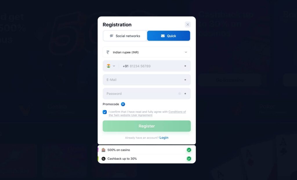 1win registration form